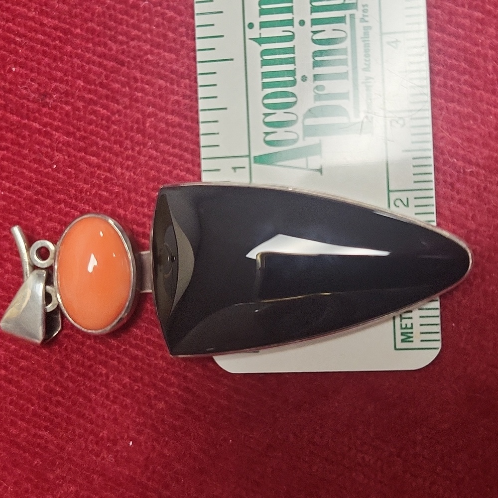 Frank Patania Jr Sterling, Onyx and Coral Owl Pendant - Picture 5 of 5
